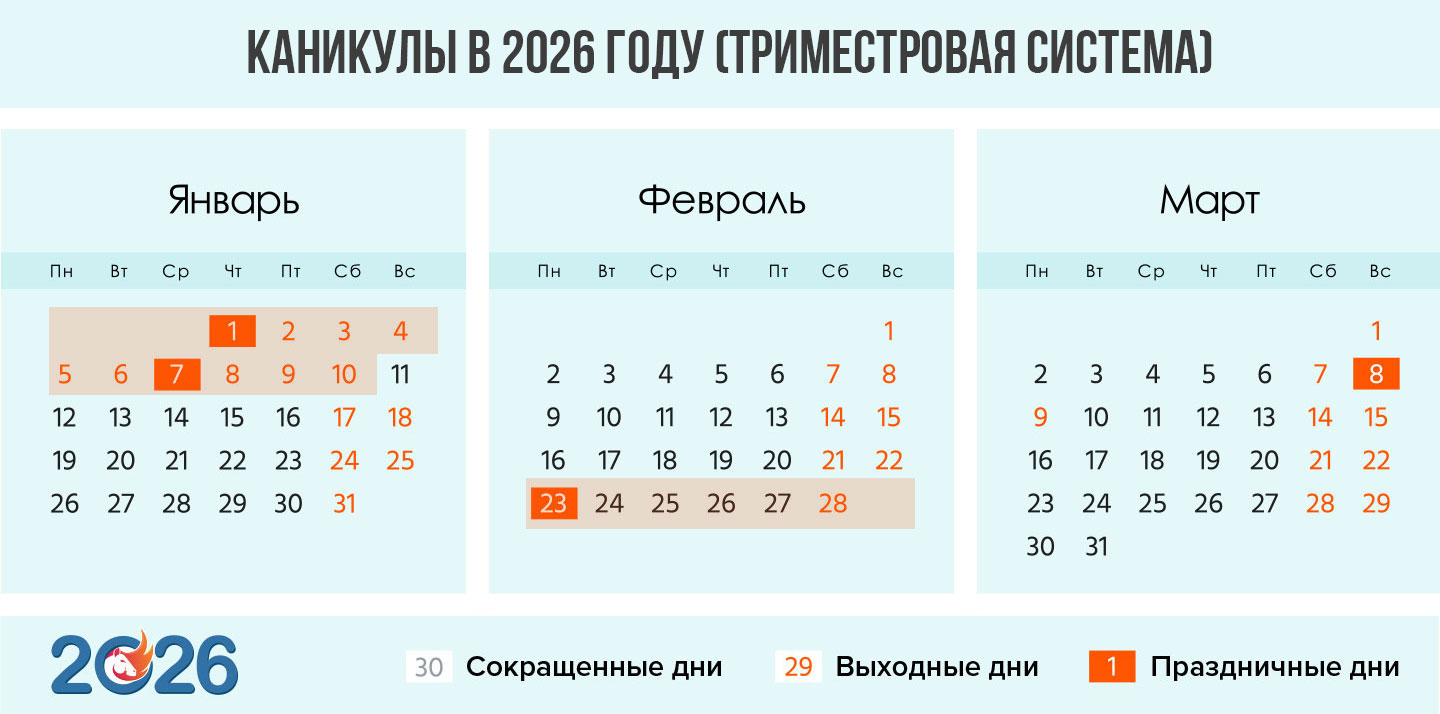 Каникулы в феврале 2026 года при триместрах