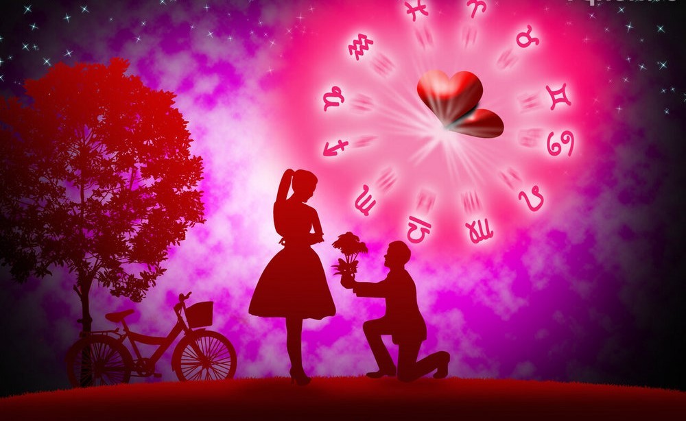 Астрологическое колесо над тенью молодой пары