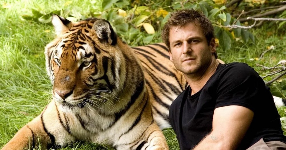 Мужчина возле тигра