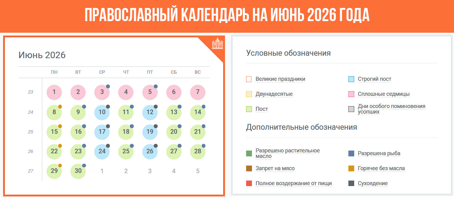 Православный календарь на июнь 2026 года