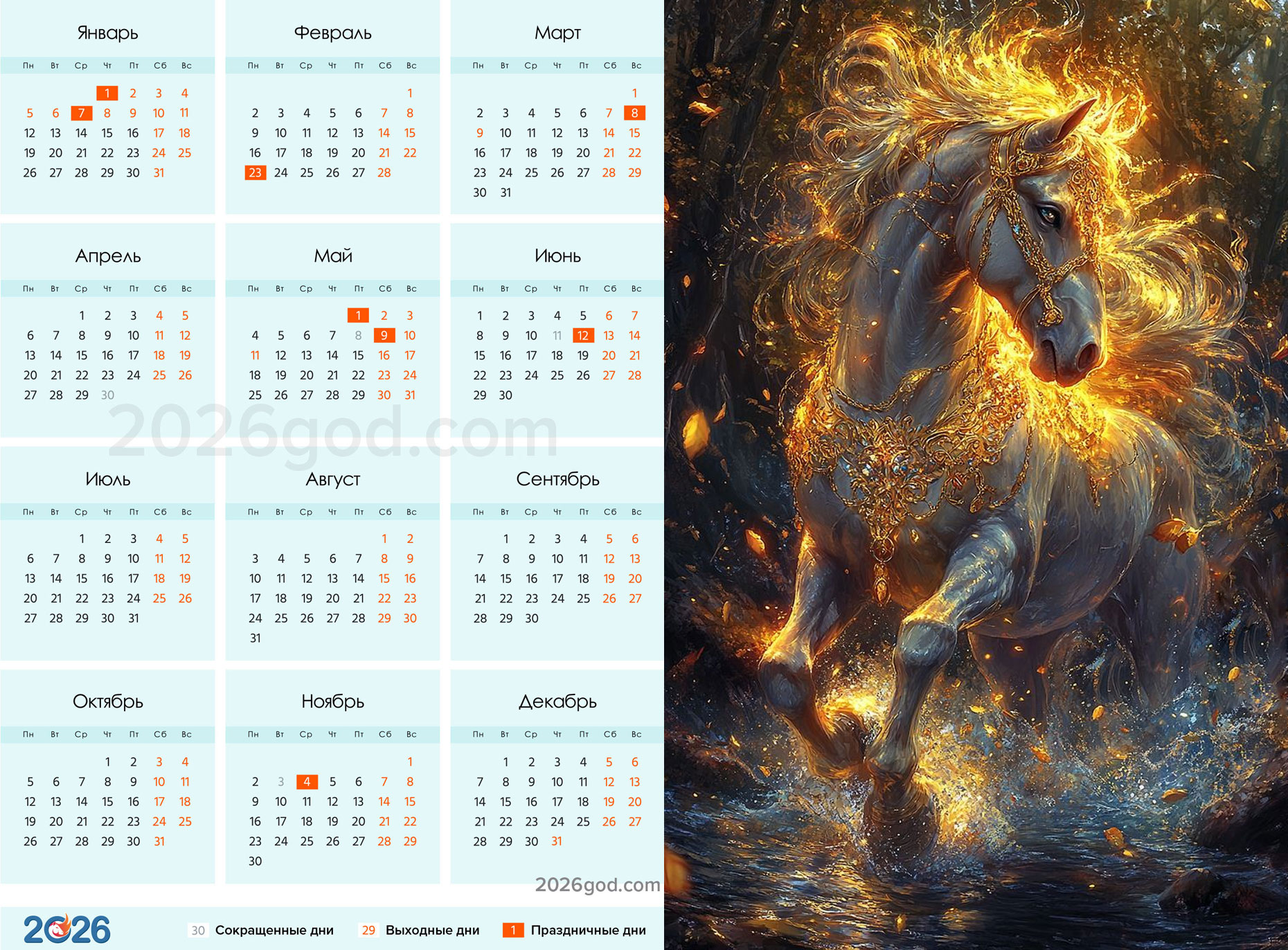 Календарь на 2026 год с огненной лошадью