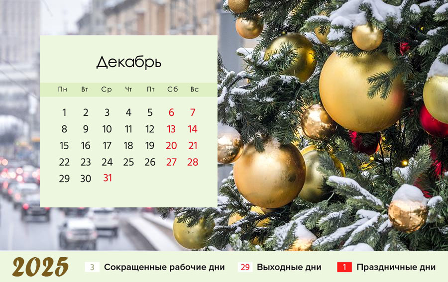 Календарь на декабрь 2025 года (начало новогодних праздников)